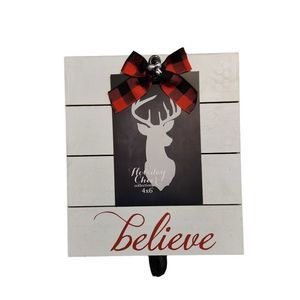 White Wood Photo Frame with Buffalo Plaid Ribbon
